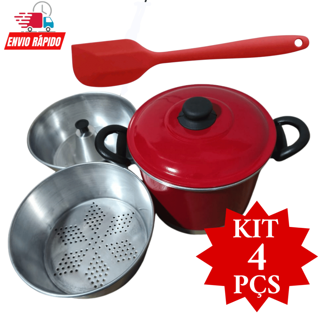 Kit Panela Banho Maria Forma Pudim E Bolo Cozivapor Tampa Aluminio 04 Peças + Espátula Silicone Promoção