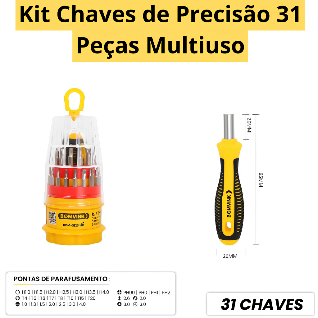 Kit Chaves de Precisão 31 Peças Multiuso – Eletrônicos Celular Óculos Relógio Notebook