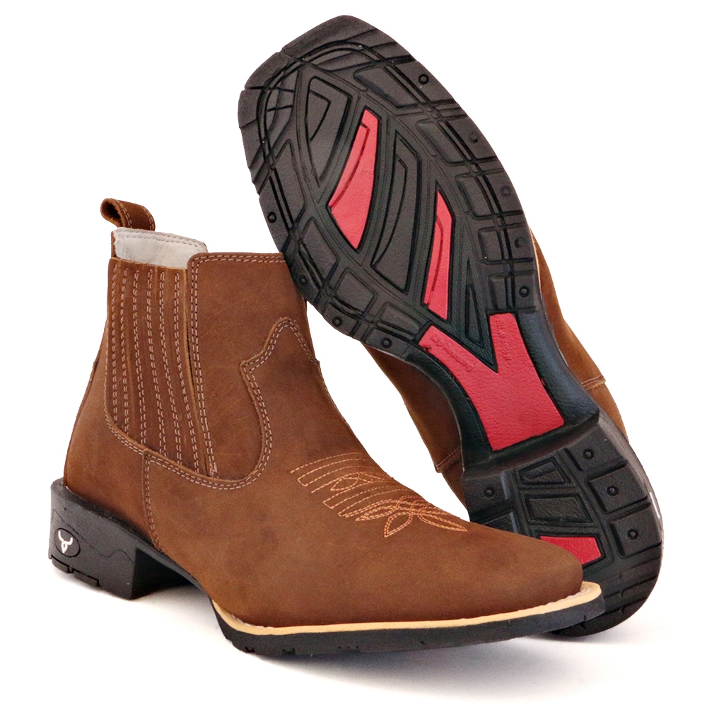 Bota Botina Countrry Masculina Texana Montaria Bico Quadrado Cano Curto Macia Couro Legítimo Brete