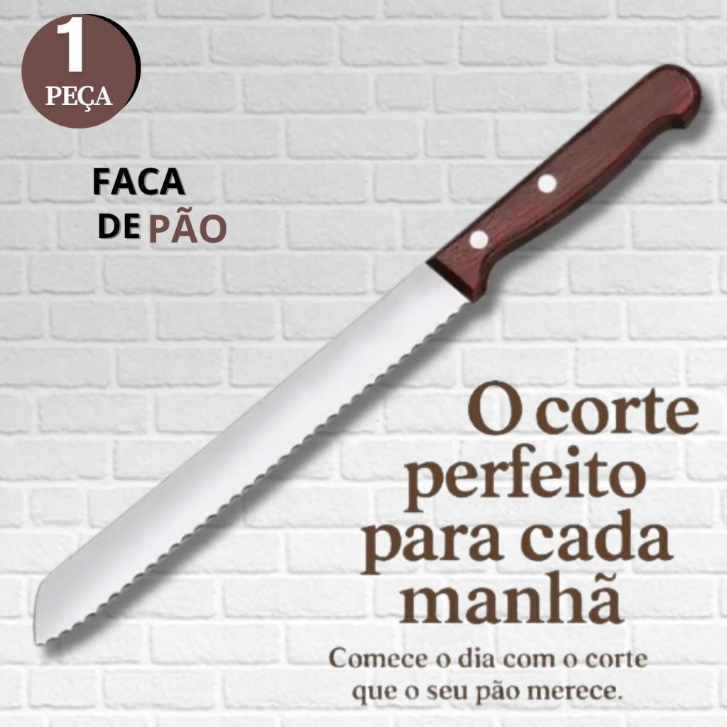 Faca Cortar Pão e Bolos INOX Serrilhada Cabo Madeira para Cozinha Restaurante Padarias