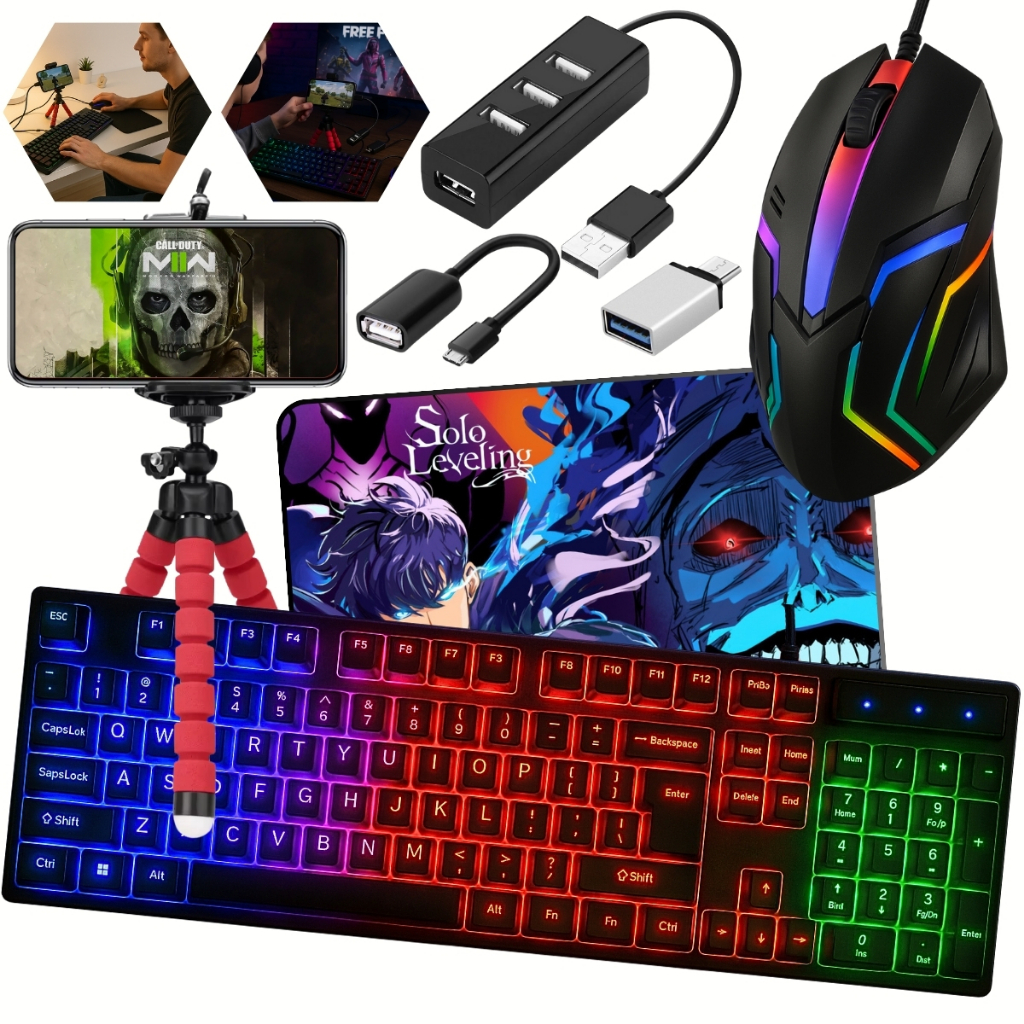 Kit Mobilador Gamer Completo Promoção Para Celular Com Teclado Semi Mecânico Led + Mouse Óptico