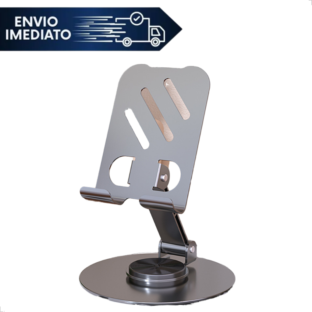 Suporte Premium Alumínio de Mesa Base Rotatória Ajustável 360º Para Smartphones Celular e Tablets
