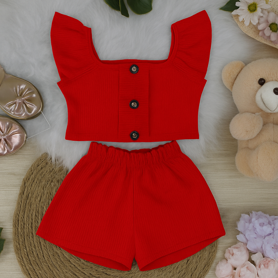 Conjunto infantil Meninas 4 ao 12 blusa manga babado com botoes + shorts conjunto infantil premium