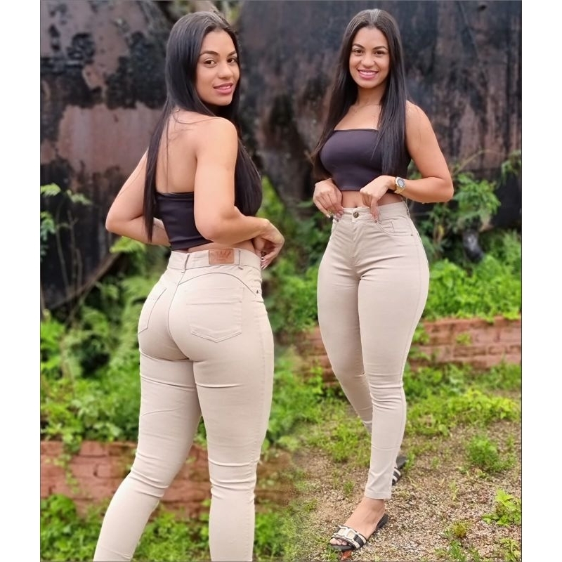 calca studio jeans bege skiny c lycra cintura alta premium em Oferta na Shopee