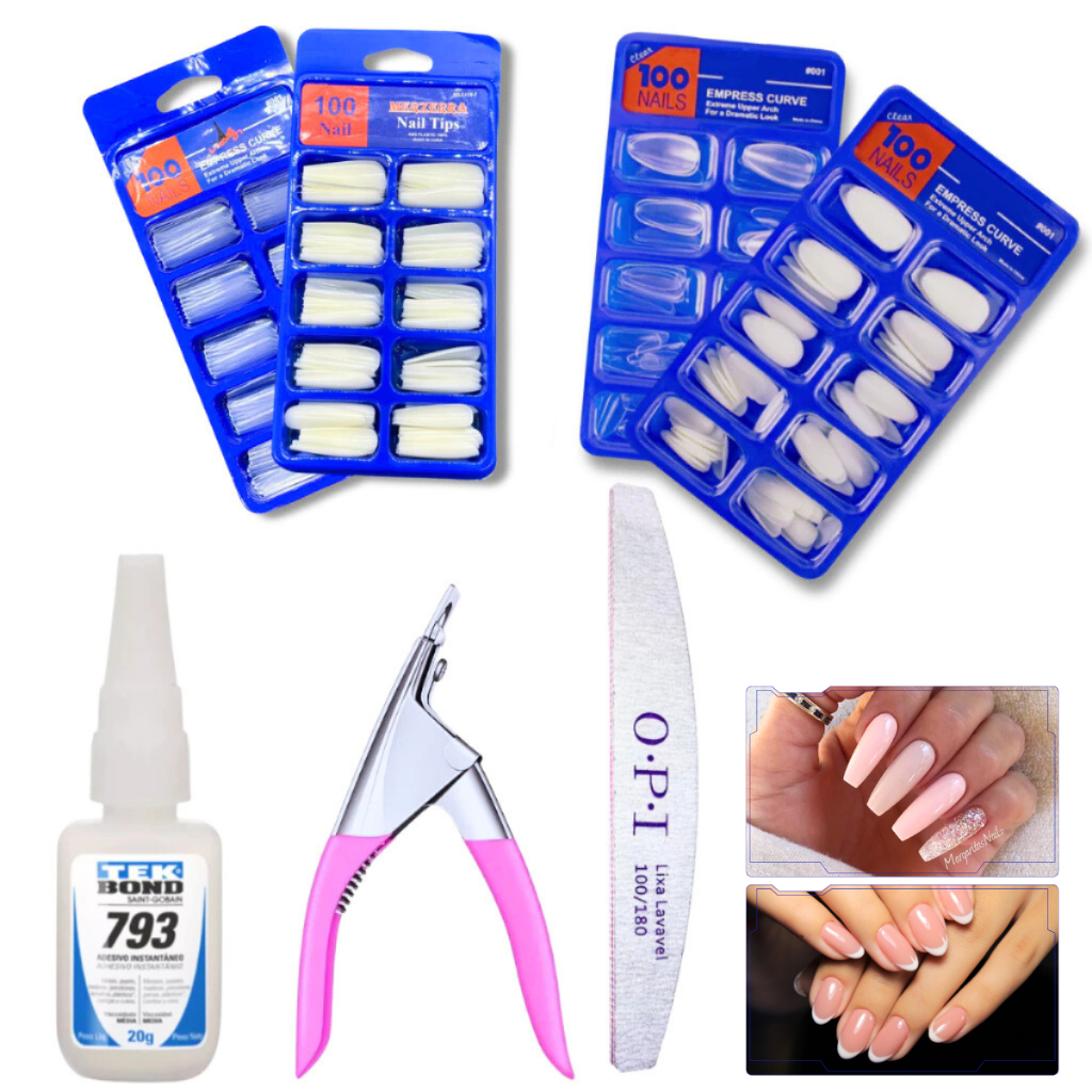 Kit Completo Alongamento de Unha - Unha Postiça Almond ou Bailarina+ Alicate + Tekbond + Lixa em Oferta na Shopee