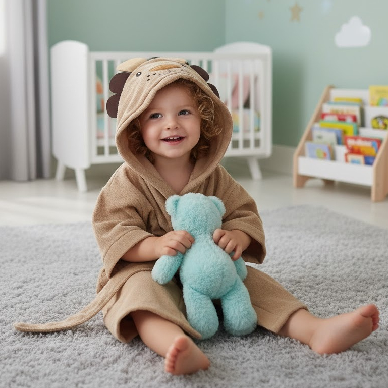 Roupão Infantil Atoalhado Bordado Tema Leão  Dinossauro Verde  ou Dinossauro Lilás de  2 a 6  anos