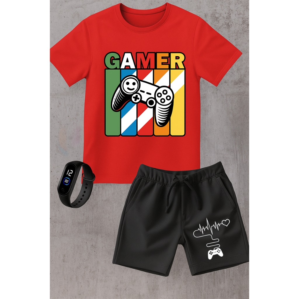 Kit Infantil Gamer – Camiseta 100% Algodão + Bermuda Moletinho Estampada + Brinde Relógio Digital | Conforto e Estilo
