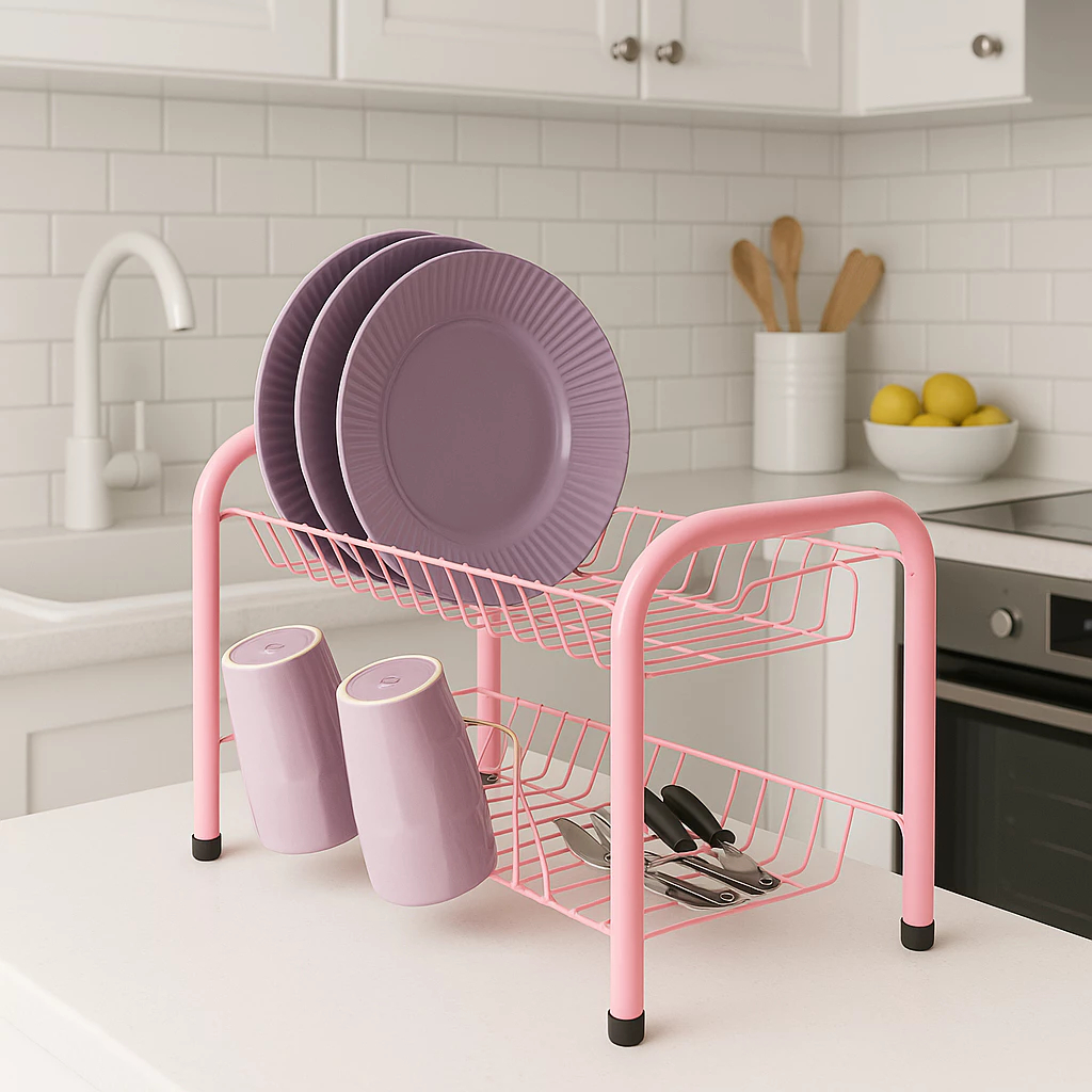 Escorredor de Louça Rosa Duplo Duplex 13 pratos 6 Copos Não Enferruja Resistente Cozinha Pia Moderno