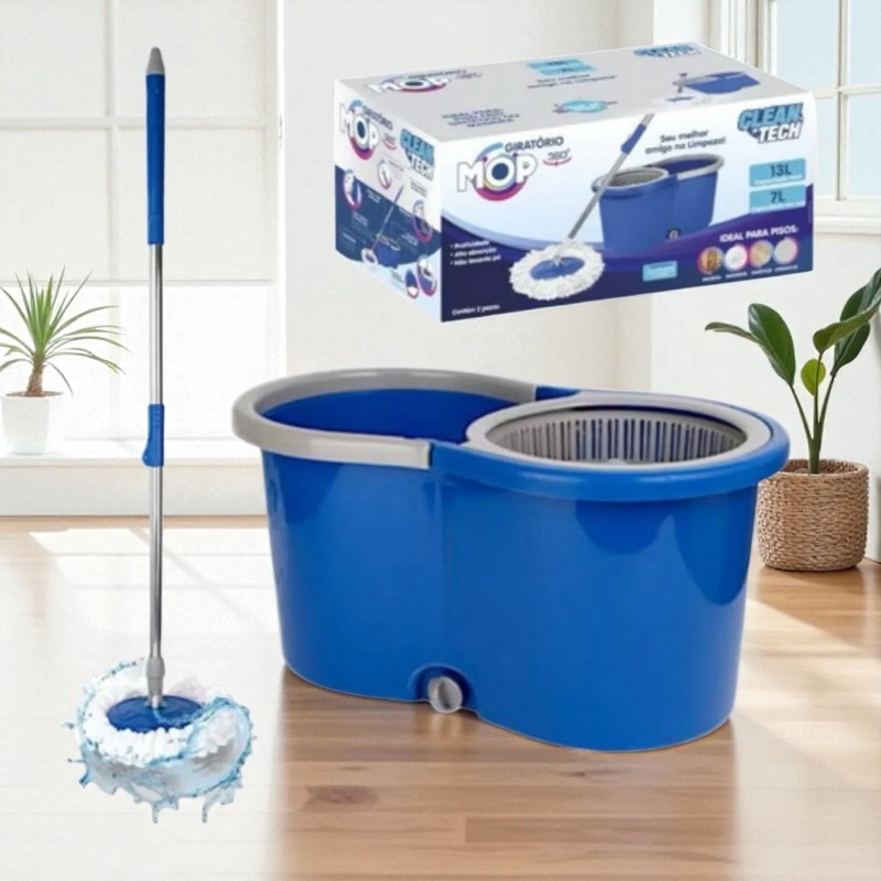 Mop Giratório Balde Esfregão 360 Balde 8L Cesto Inox Limpa Piso Resistente e Refil Esfregão Limpeza Eficiente