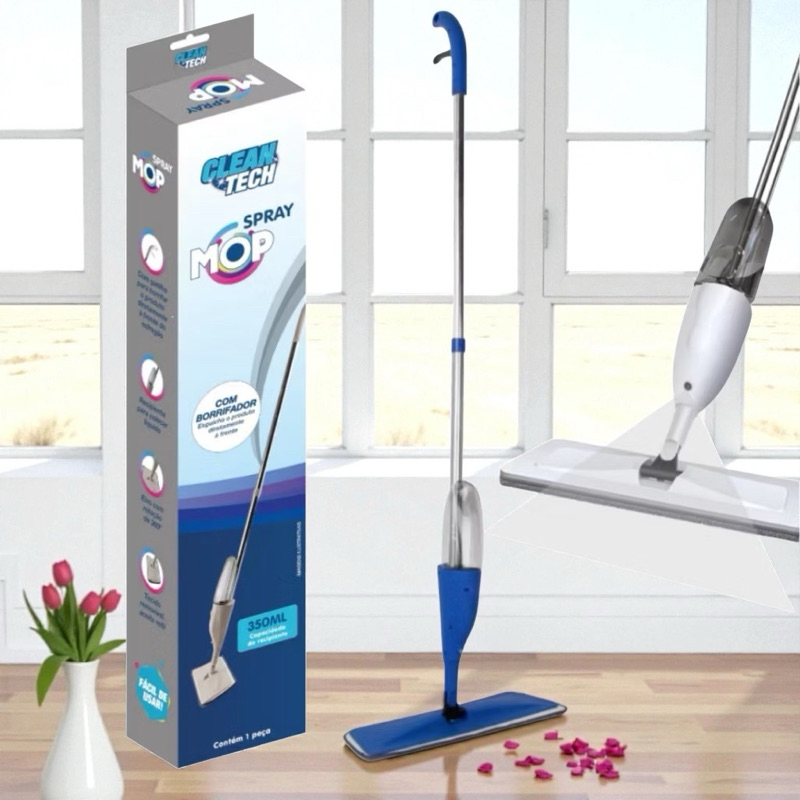 Mop Spray Esfregão Rotação 360 C/ Reservatório Dispenser Cabo Aço Inox Esfregão Limpa Lava Seca Piso Chão Remove Sujeira
