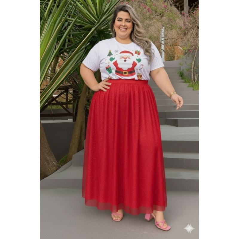Saia Longa Plus Size Tule Cristal com Brilho Glitter com Forro elanca Evitando Transparência