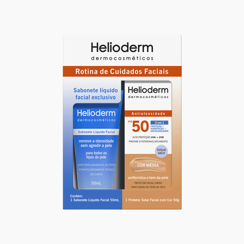 Kit Sabonete Liquido 50ml + Protetor Facial FPS50 Cor Média Oil free Helioderm Kley Hertz