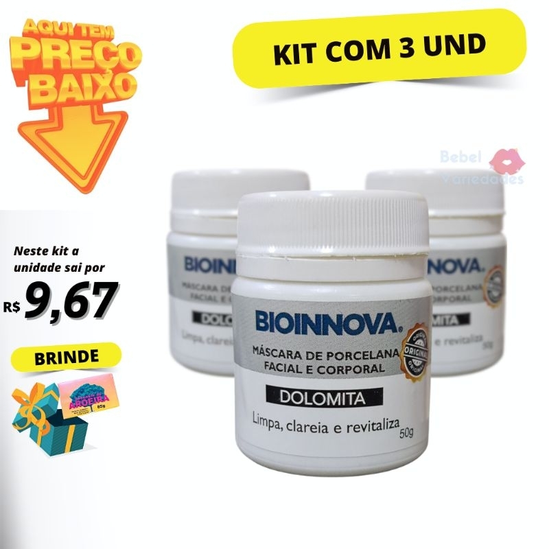 Kit com 3 Creme Dolomita Bioinnova 50g | Clareador Facial e Corporal Limpeza Profunda