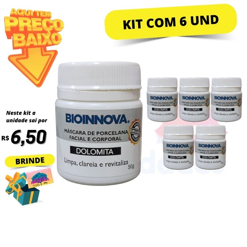 Kit com 6 Creme Dolomita Bioinnova 50g | Clareador Facial e Corporal Limpeza Profunda