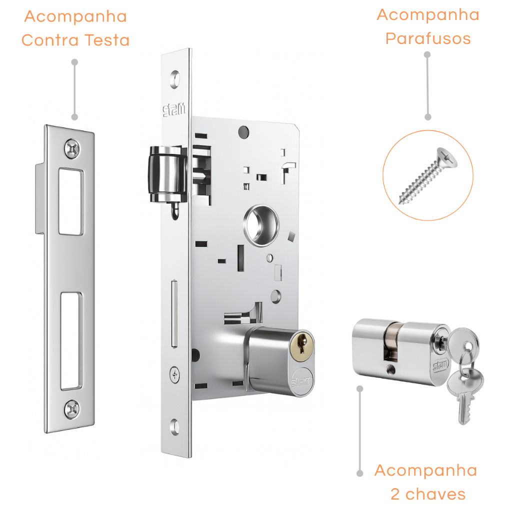 Puxador Porta Madeira Entrada 60cm Duplo Alumínio + Fechadura Rolete Pivotante Stam Roseta Quadrada
