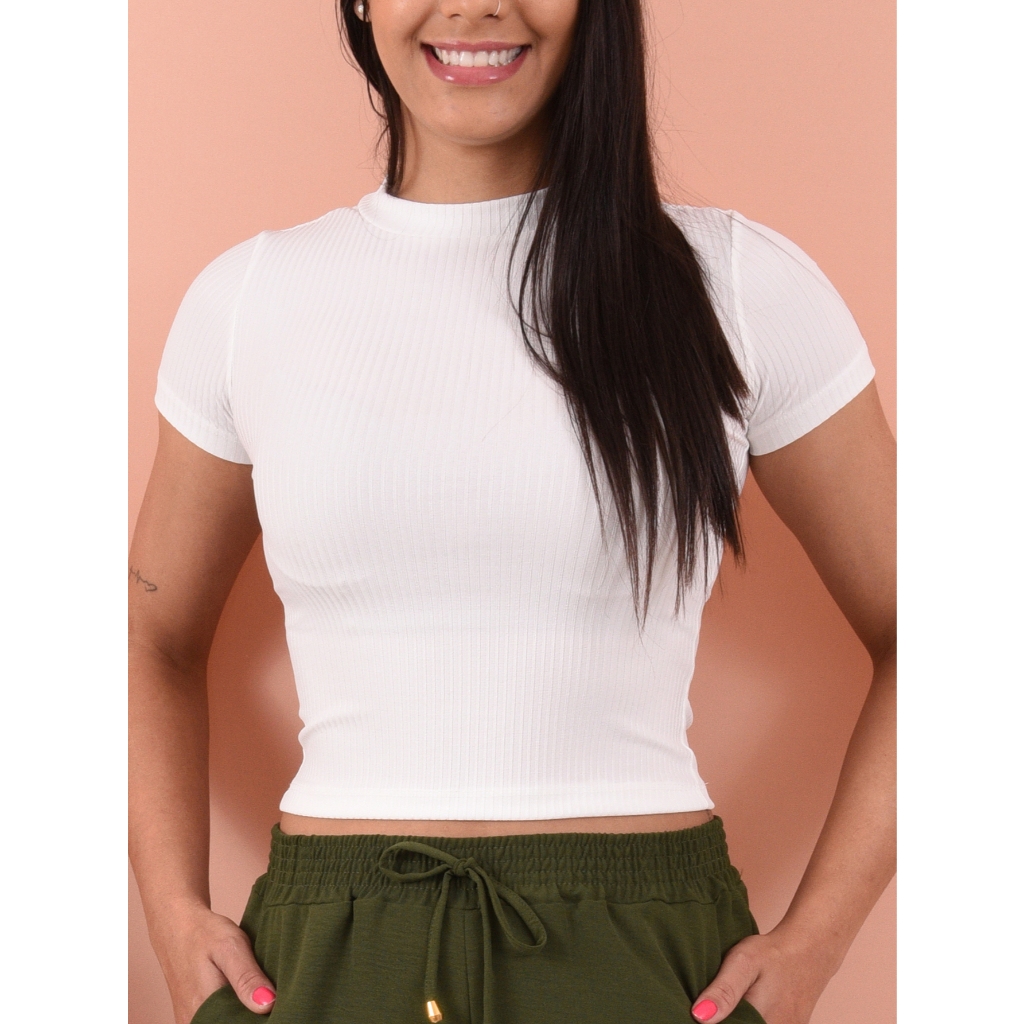 Cropped Blusa Feminina Basica Canelada Gola Basica Top Elastano