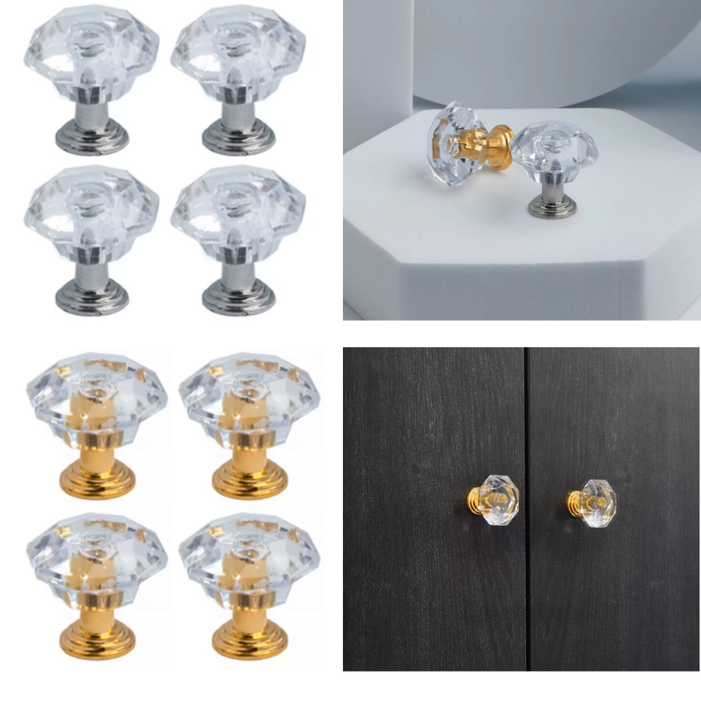 Kit Puxadores para Gaveta e Armário Estilo Cristal 2,5 cm Base Dourada ou Prateada Moderna e Sofisticada em Oferta na Shopee