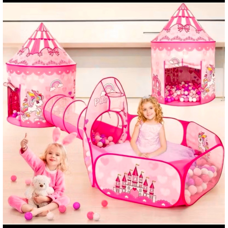 Barraca Rosa Infantil Unicórnio 3 em 1 Castelo Túnel e Piscina de Bolinhas com Cesto de Basquete