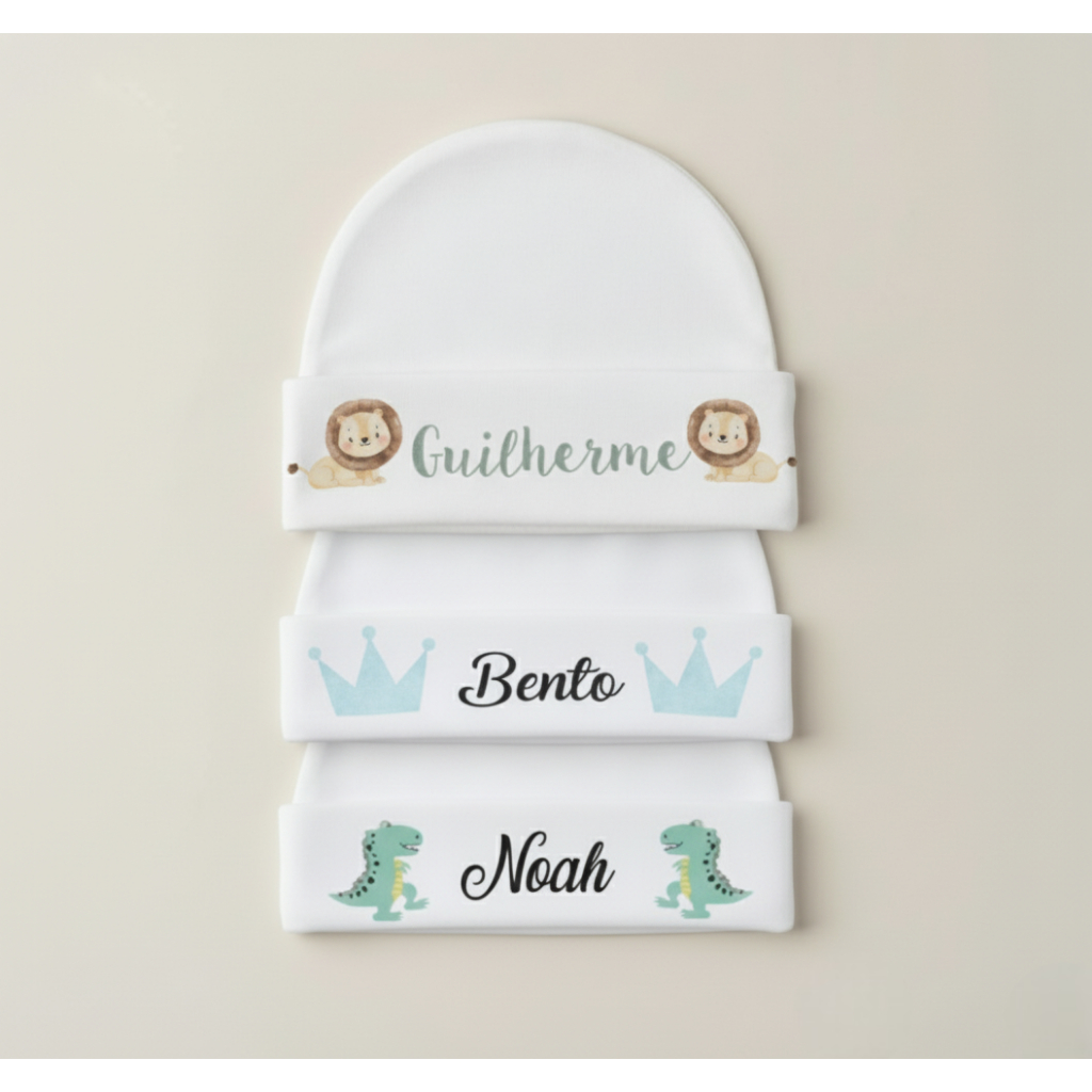 Touca RN Bebe Personalizada Nome Enxoval Recém Nascido Saída Hospital Maternidade Hipoalergênico Gorro Menino Menina