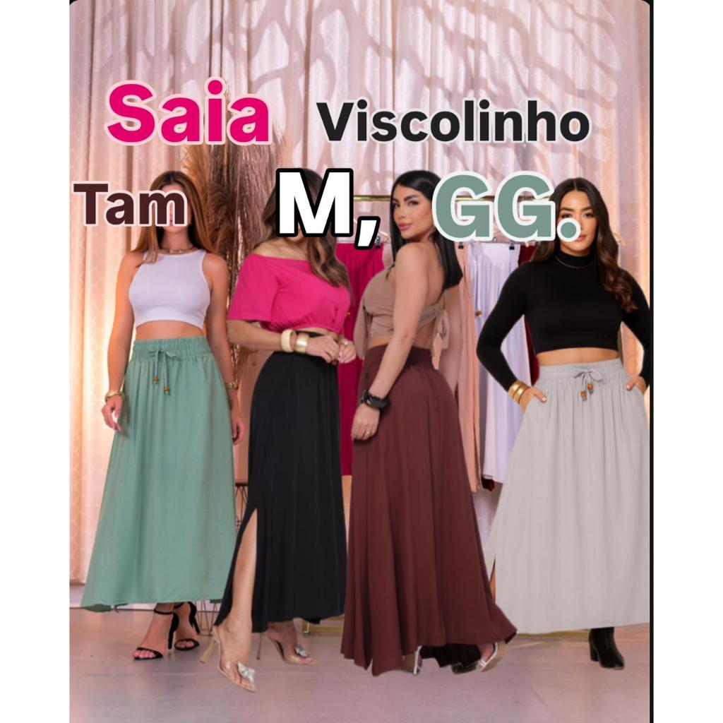 Saia Longa  Viscolinho Premiun  Cintura Alta Com Bolsos Com Fenda Lateral e Forrada Tamanho M  GG em Oferta na Shopee