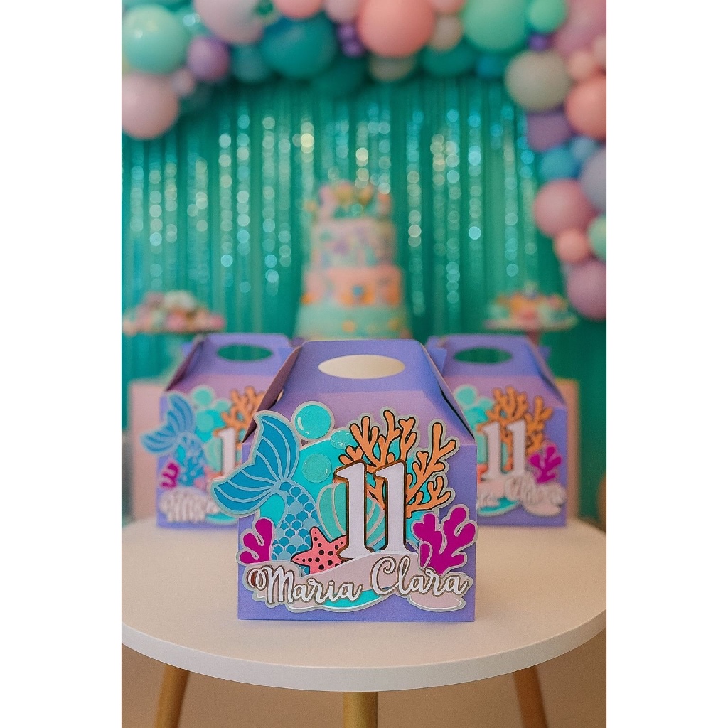 Caixa Maleta Personalizada LUXO Lembrancinha para Aniversário Tema SEREIA / FUNDO DO MAR ENCANTADO com Nome e Idade 3D