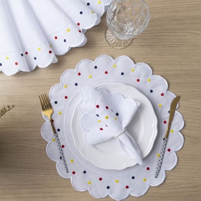 Kit Mesa Posta 12pçs 6 Lugares Poá Bordado | Jogo Americano + Guardanapo