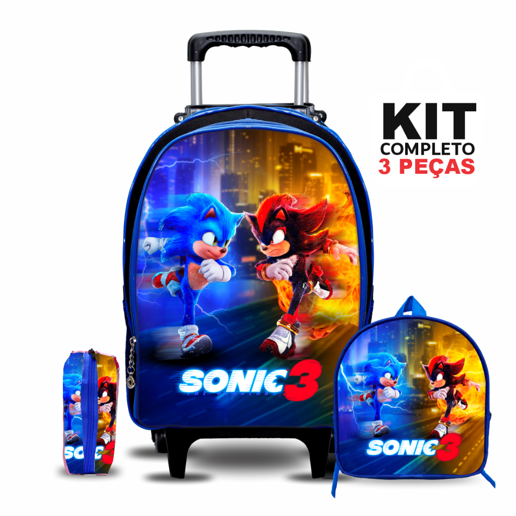 Kit Mochila Escolar Sonic 3 com Lancheira e Estojo - Rodinhas - Menino - Masculino em Oferta na Shopee