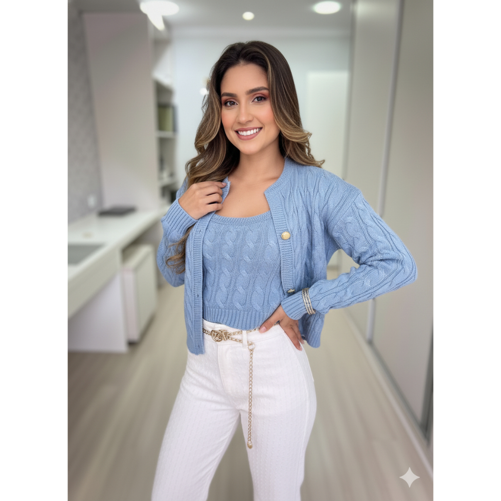 Conjunto Casaco Feminino de Tricô Inverno 2026 Cardigan de Frio com Botões e Tranças + Regata Tricot