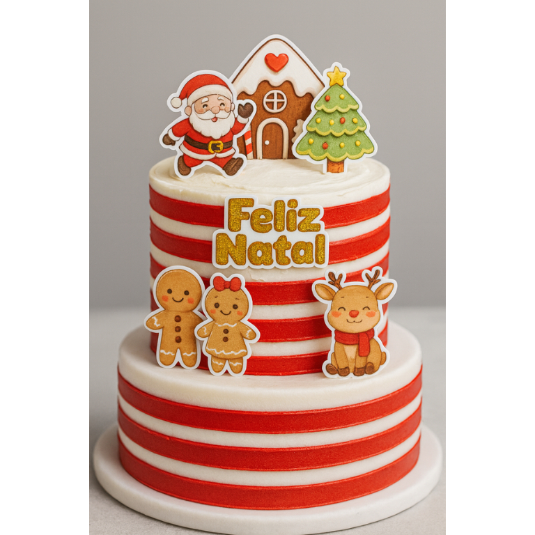 Topo / Topper de Bolo Natalino, Topo de Bolo Feliz Natal, Árvore de Natal,  Papai Noel Natal