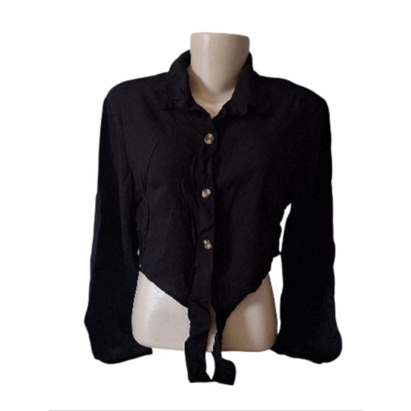 Blusa Crooped Manga Longa Comprida Com Botões Moda Feminina
