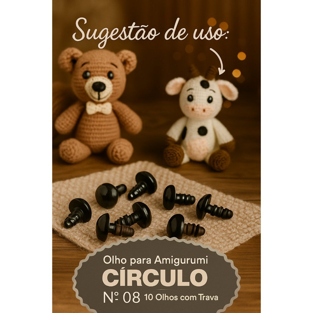 Olho com Trava para Amigurumi 8mm - 10 Pares CÍRCULO | Artesanato Amigurumi e Bonecos