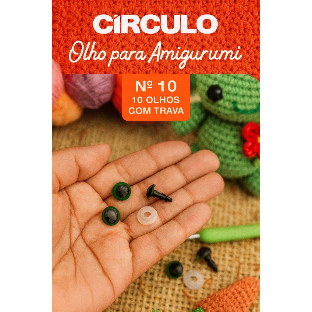 Olho com Trava Amigurumi 10mm - 10 Pares Círculo Original para Bonecos, Bichinhos e Artesanato