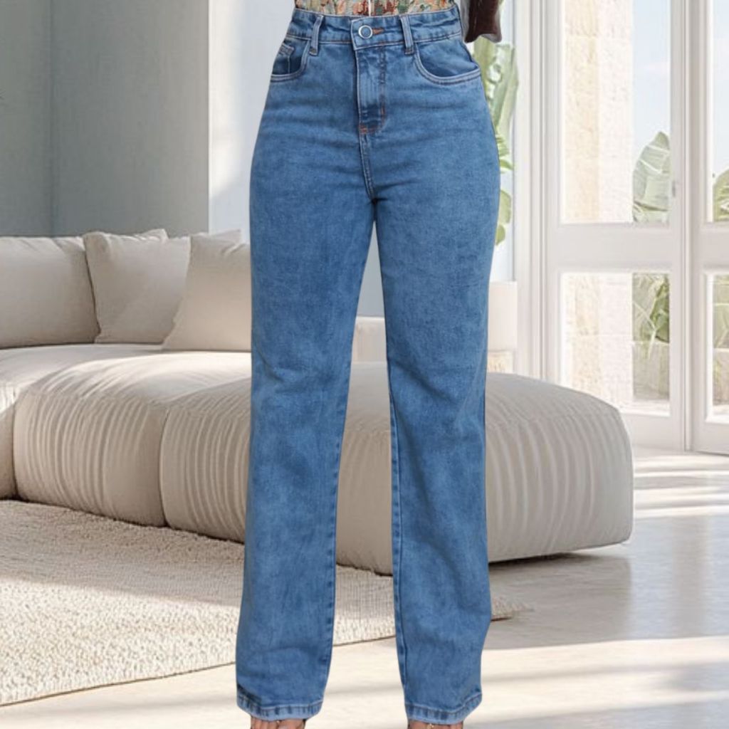 Calça Jeans Feminina Wide leg Pantalona Cintura Alta Azul Lycra Moda Verão Lançamento Perna Larga