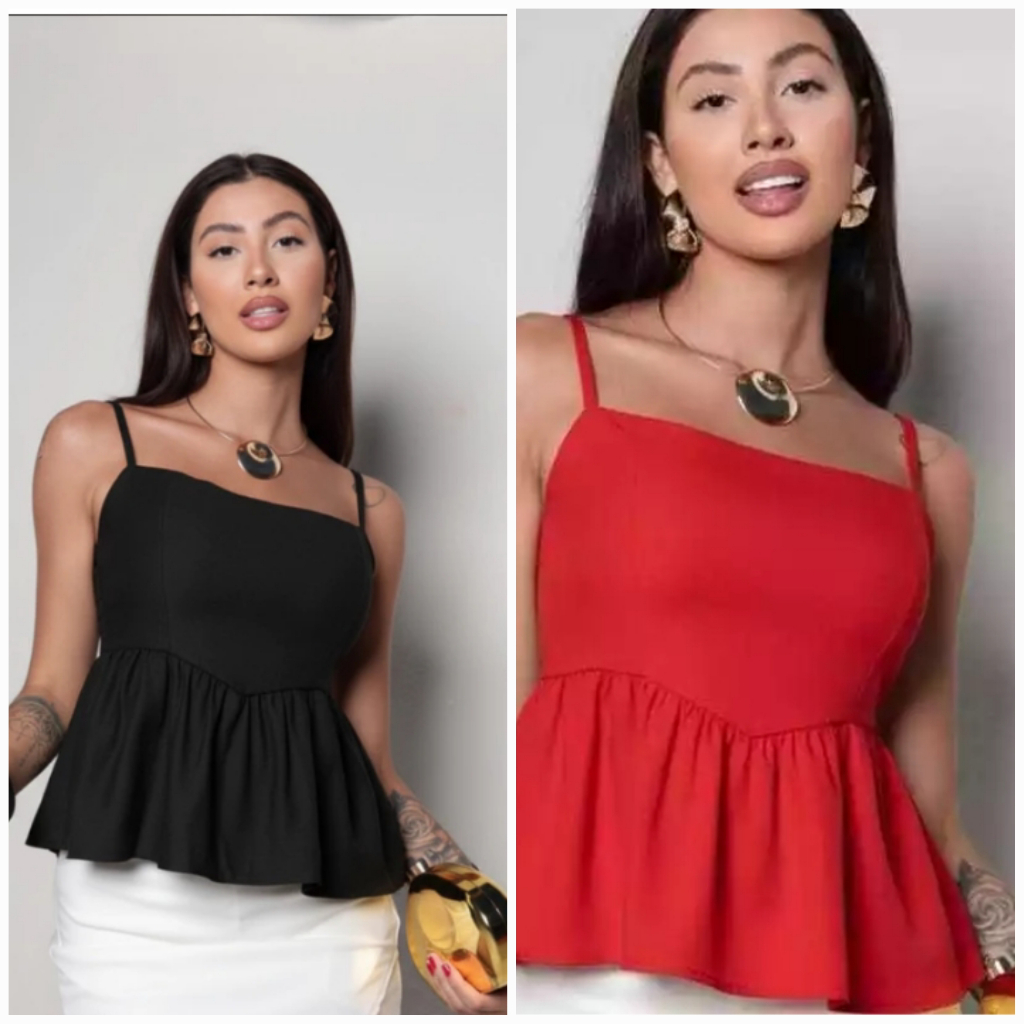 KIT 2 Blusa BIANCA Bata Blusinha Cropped Elástico com Babado Soltinha Moda Gringa Tendência Verão