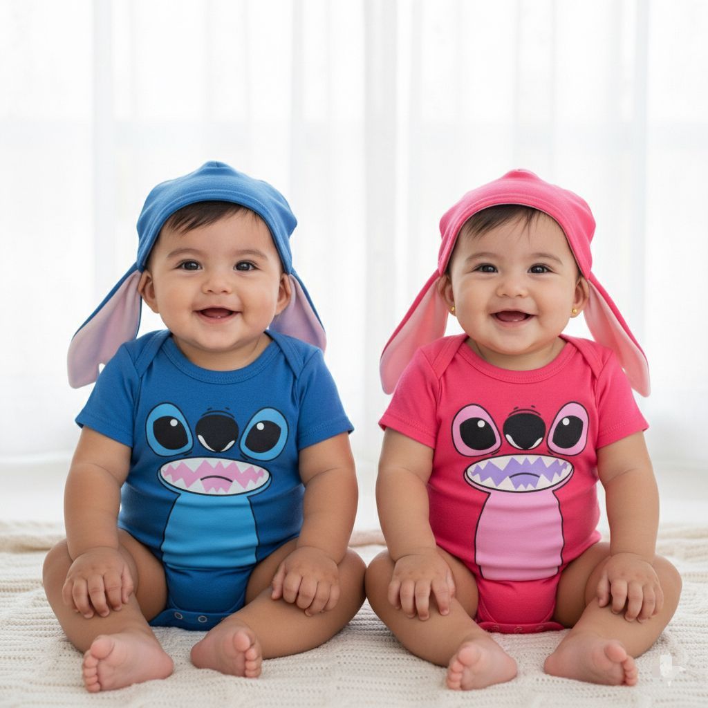 Kit Body Bebê Stitch + Touca Temática Mesversário Menino Menina