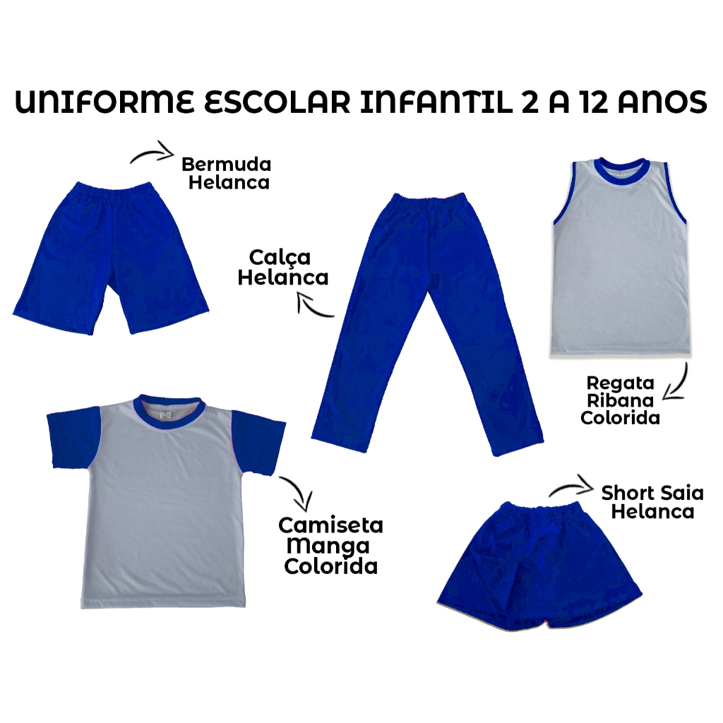 Uniforme escolar infantil short saia calça bermuda camiseta menino menina 2 a 12 anos azul royal
