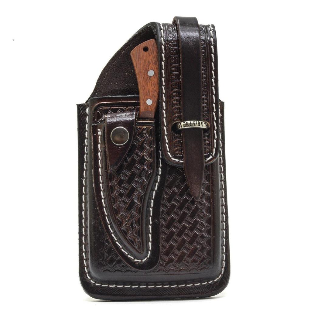 Kit Bainha Dupla Porta Celular Com Mini Faca em Couro Atrevidu's Country
