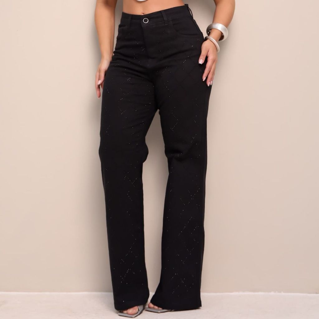 Calça jeans preta feminina wide leg pantalona cintura alta com brilho strass gringa elegante Lycra