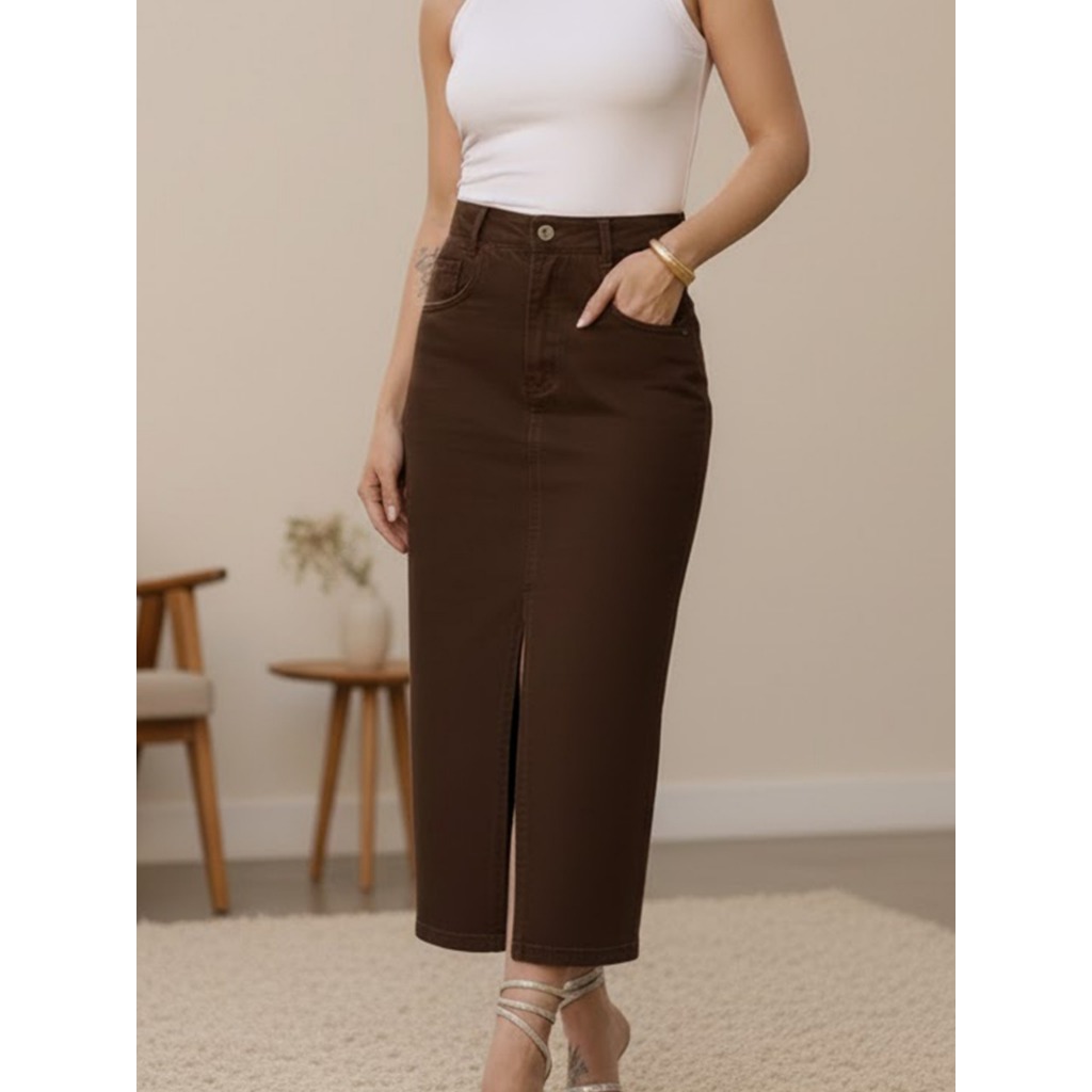 Saia jeans cintura alta Fenda no meio, casual, elegante, simples e elegante
