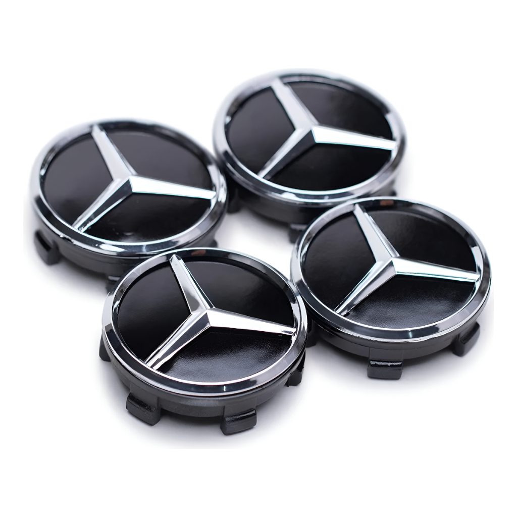Kit Calotinha Mercedes Benz Amg 75mm Preto Miolo Centro Roda Preto - Cromado