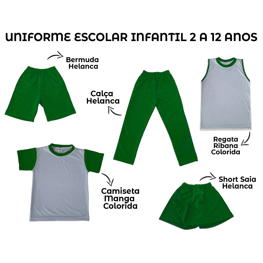 Uniforme escolar infantil short saia calça bermuda camiseta menino menina 2 a 12 anos verde