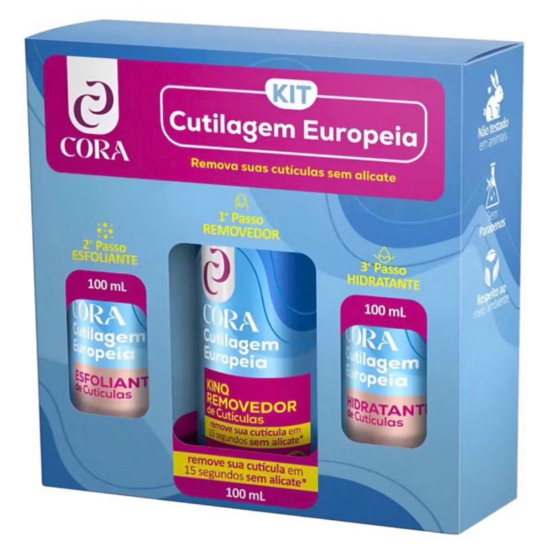 KIT CUTILAGEM EUROPEIA CORA NOVO Gel Removedor, Esfoliante, Hidratante e Espatula