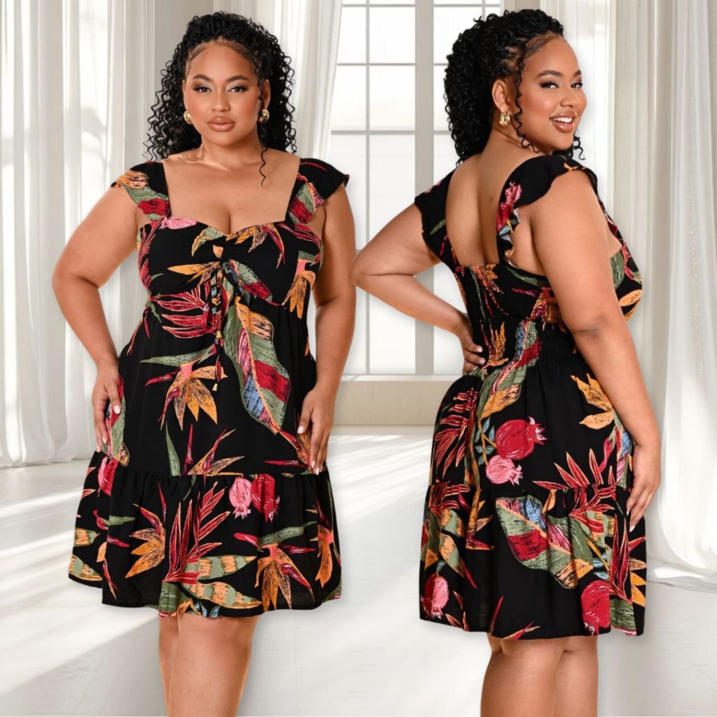 Vestido Plus Size Curto com Manga Babado e Lastex nas Costas  Caimento Perfeito para o Dia a Dia em Oferta na Shopee