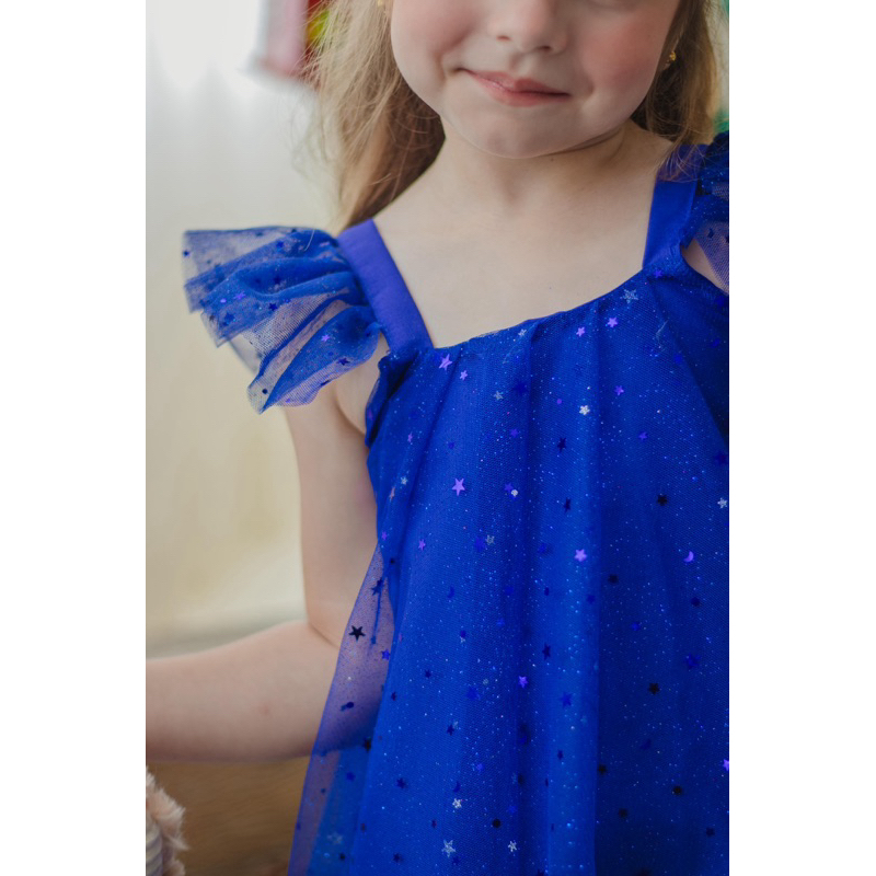 ✨ Vestido Infantil Fada Mini Conto com Tule Brilhante Cores Branco e Azul