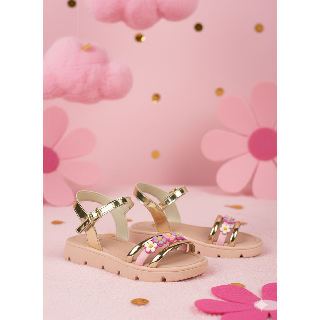 Sandália Infantil Menina Plataforma Tratorada Flor Tira Trançada Confortavel moda dourada Elegante
