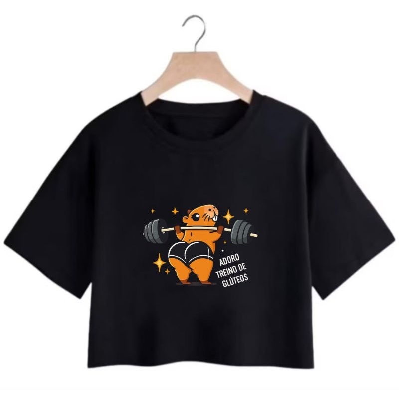 Cropped Blusinha Feminina Camiseta Estampada Academia 100% Algodão Gola Redonda Confortável Manga Curta