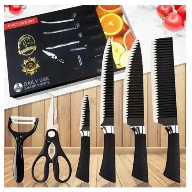 KIT Facas Com 6 Peças Utensílios Faqueiro - Colorido Com Tábua Profissional-LM
