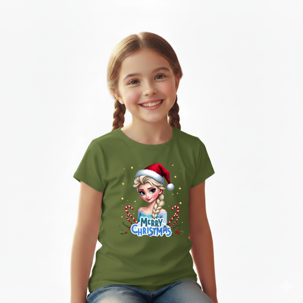 Camiseta Infantil Menina Estampada Frozen Natal Algodão Macio Lançamento Crianças Desenho