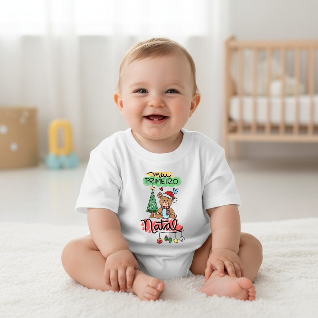 Camiseta Infantil Meu Primeiro Natal Estampada Neném Algodão Macio Lançamento Crianças Desenho
