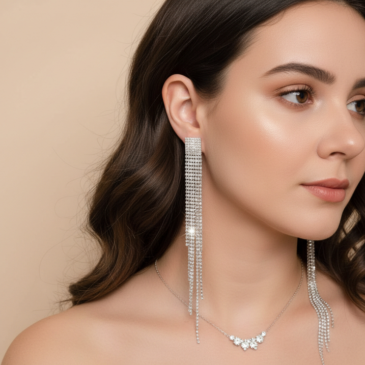 Brinco Longo Franja Luxo Zircônia Premium Cascata Brinco Festa Elegante Brilho Intenso  Moda Feminina Ouro Prata 18k